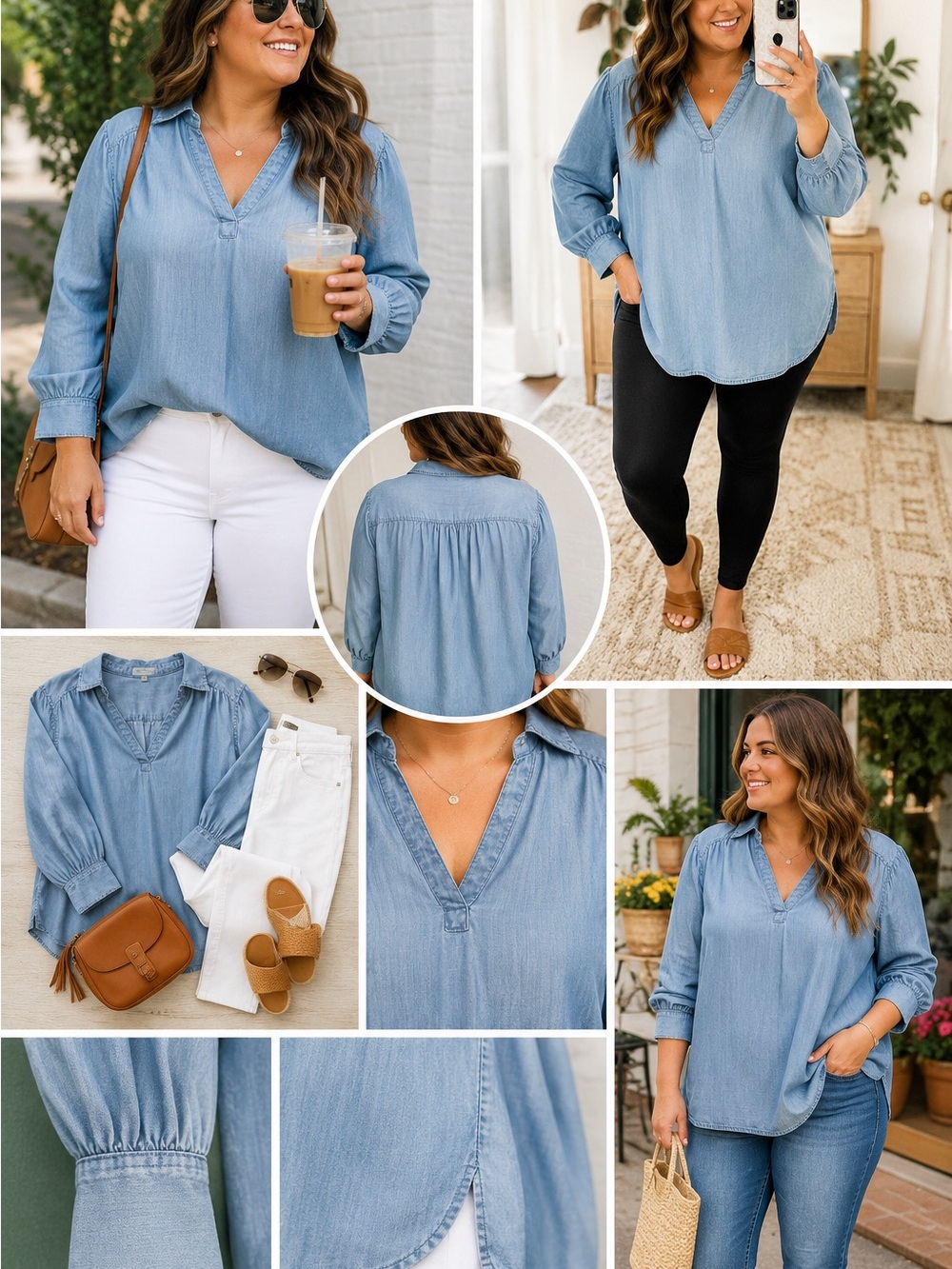 Velvet Heart Blouse Women 2X Blue Chambray Soft Tencel Denim Lagenlook Wide Cuff